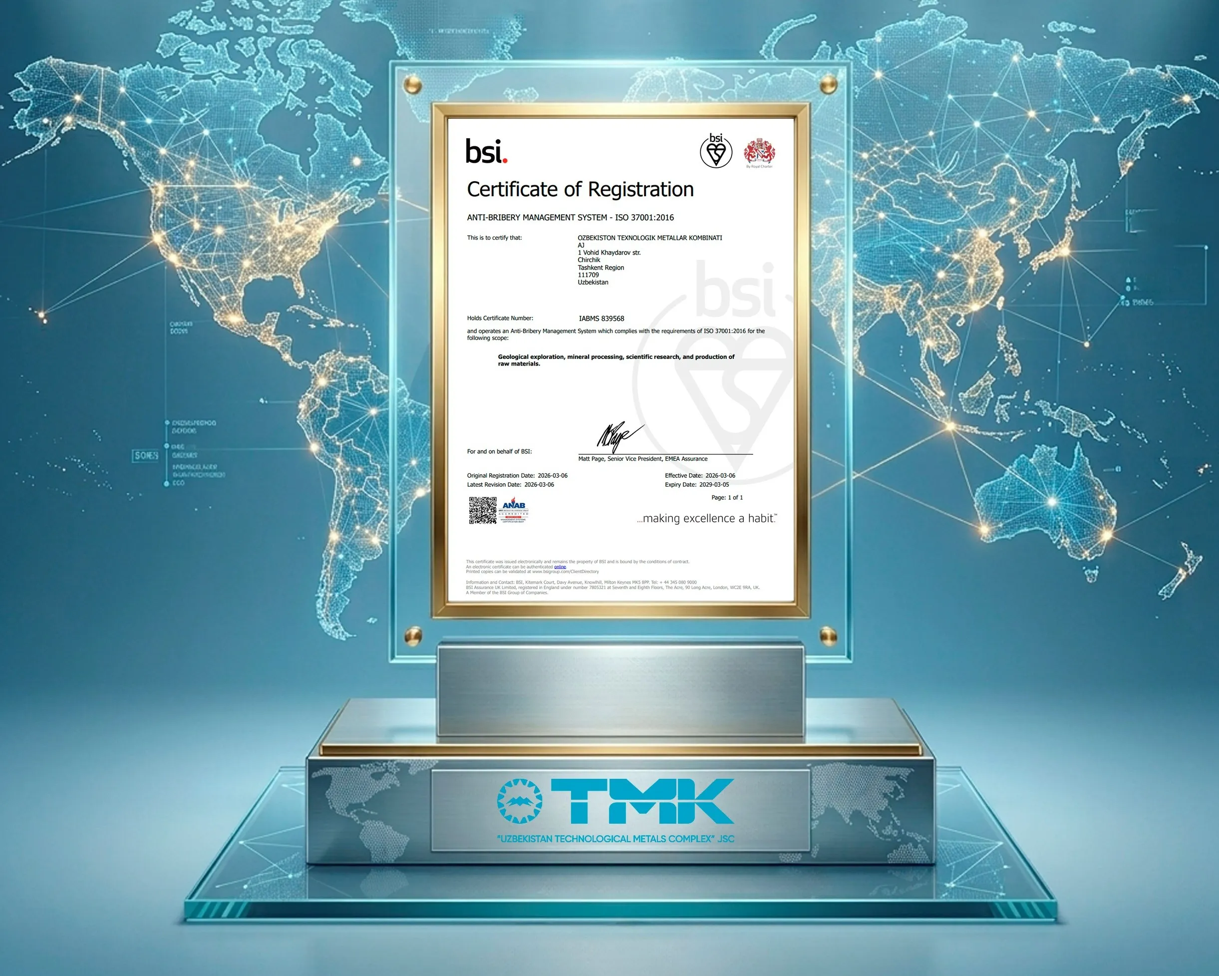 TMK becomes the first company in Uzbekistan's mining, metallurgical, and geological sector to receive the prestigious BSI international compliance certificate!