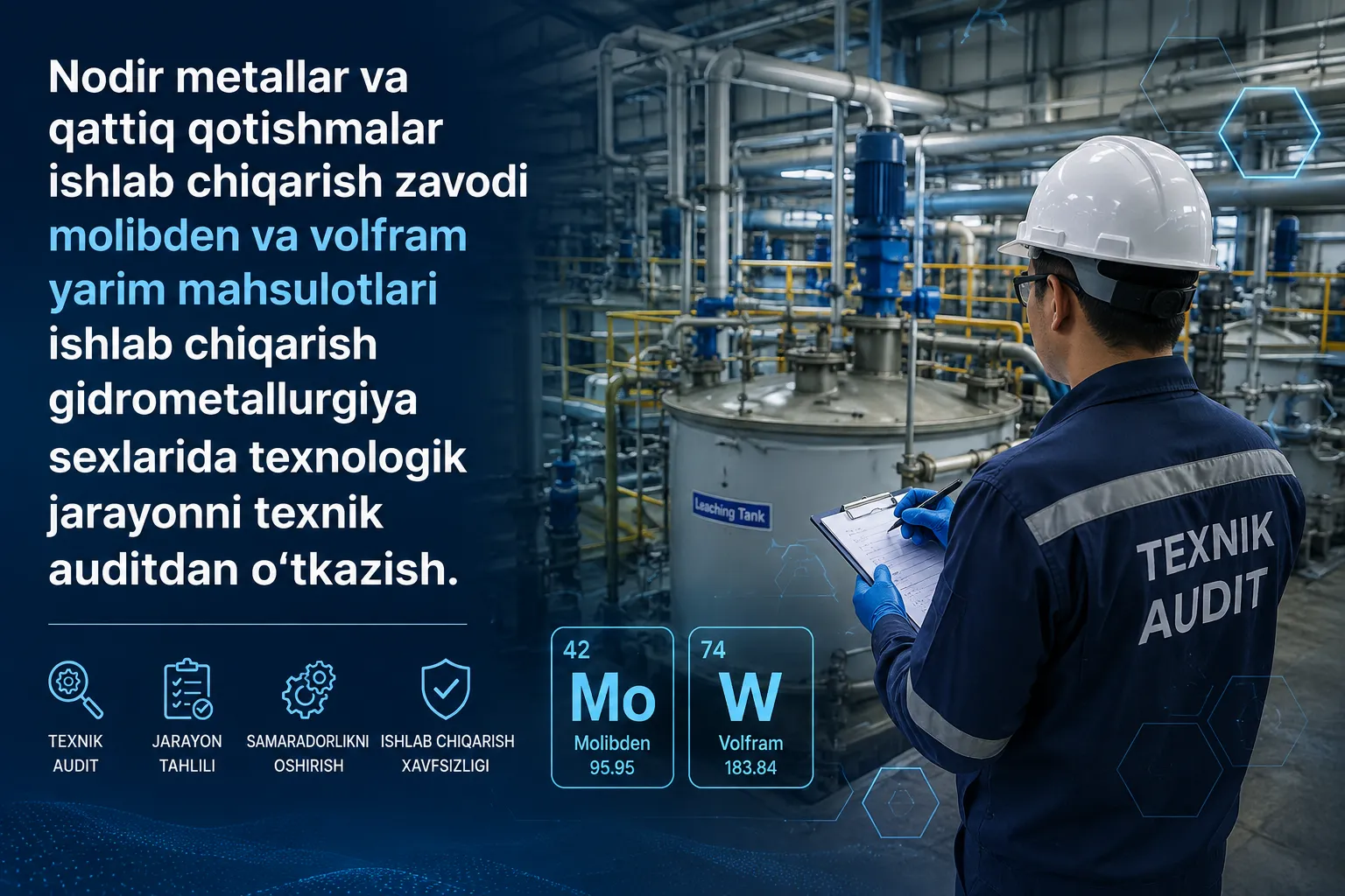 Nodir metallar va qattiq qotishmalar ishlab chiqarish zavodi molibden va volfram yarim mahsulotlari ishlab chiqarish gidrometallurgiya sexlarida texnologik jarayonni texnik auditdan o‘tkazish.