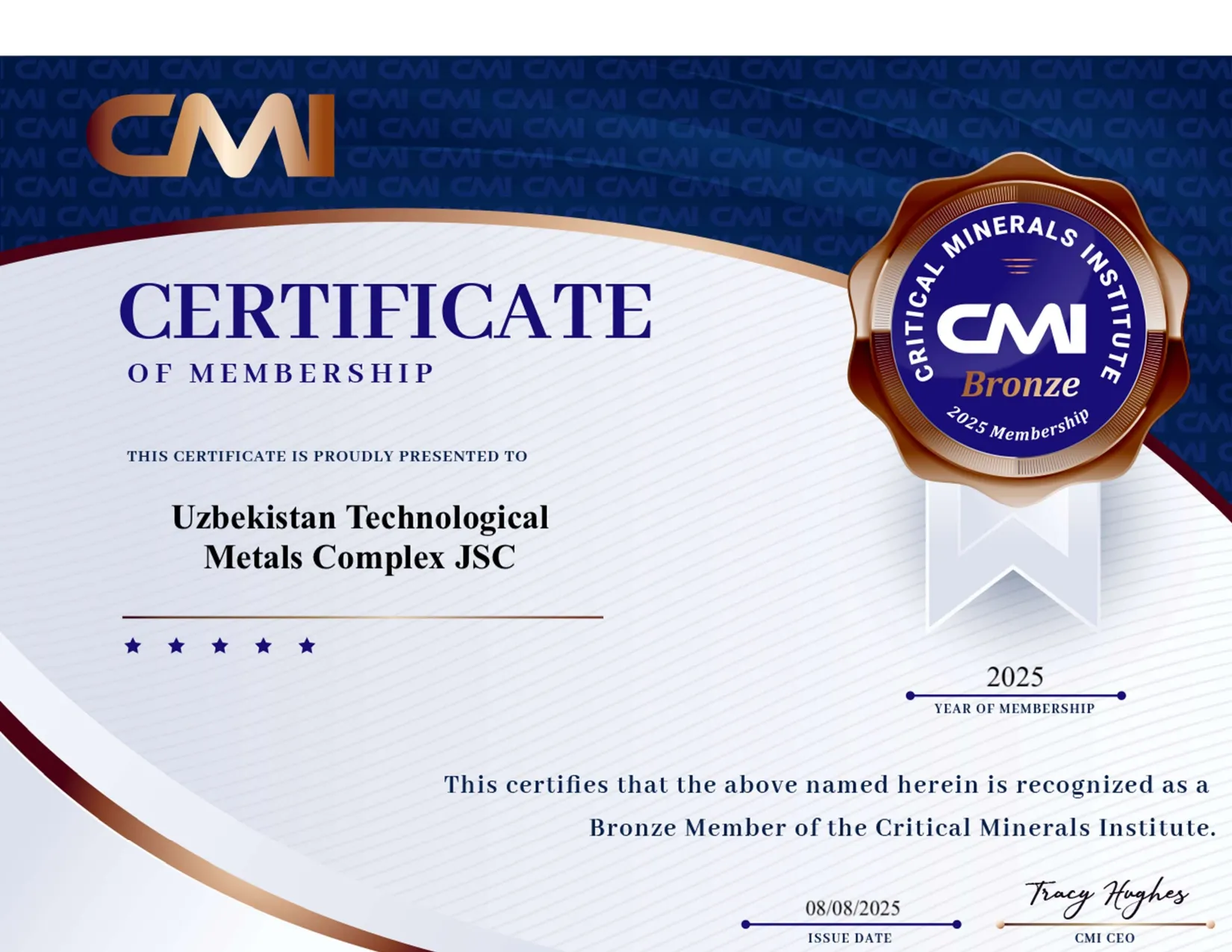 Kiritik minerallar institutiga a’zolik sertifikati