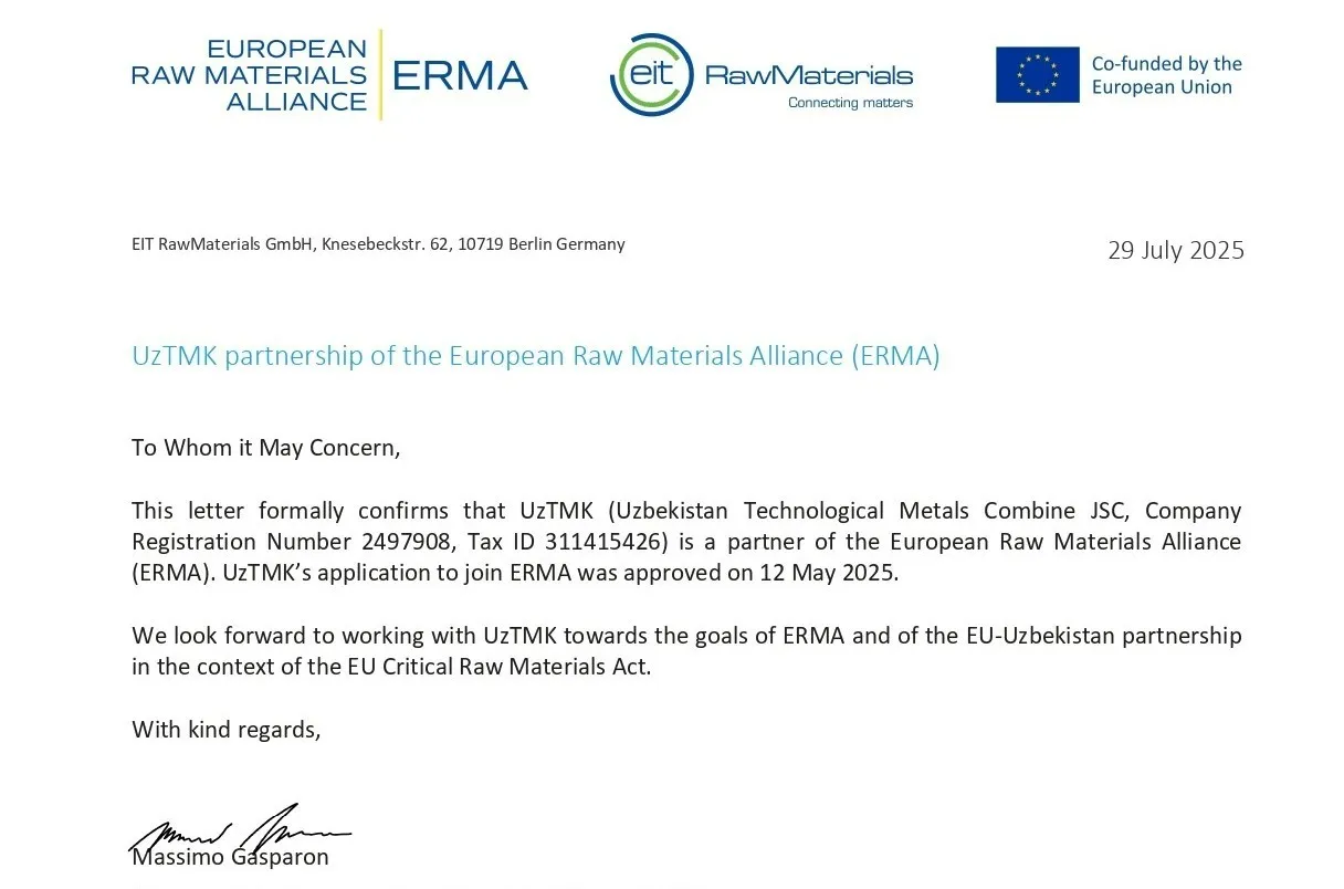 Yevropa muhim xomashyo alyansiga a’zolik sertifikati