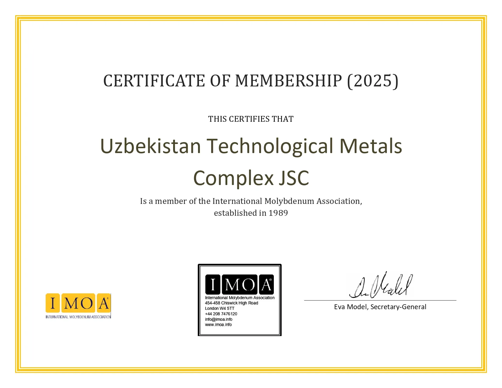 Xalqaro molibden assotsiatsiyasiga a’zolik sertifikati