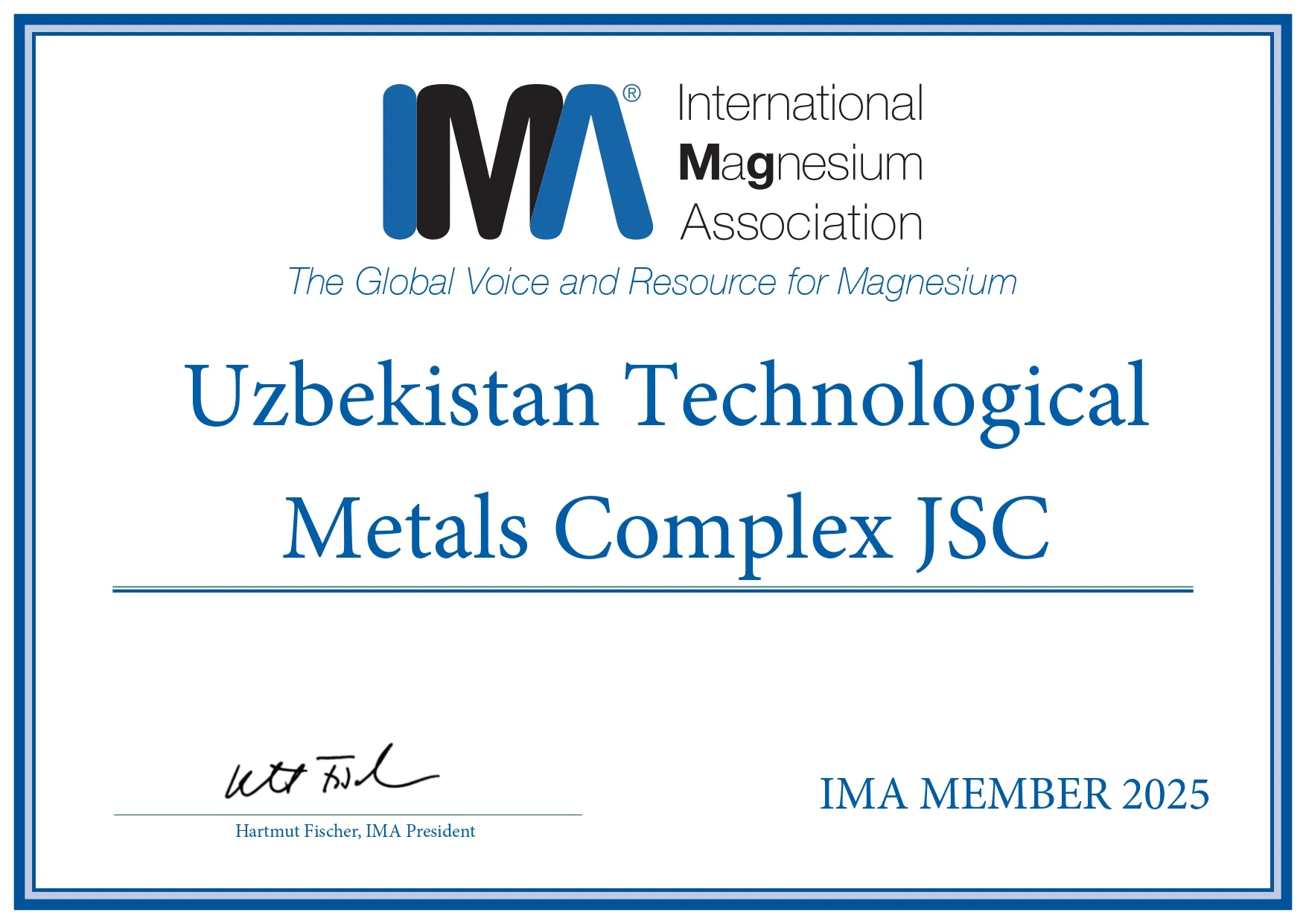 Xalqaro magniy assotsiatsiyasiga a’zolik sertifikati