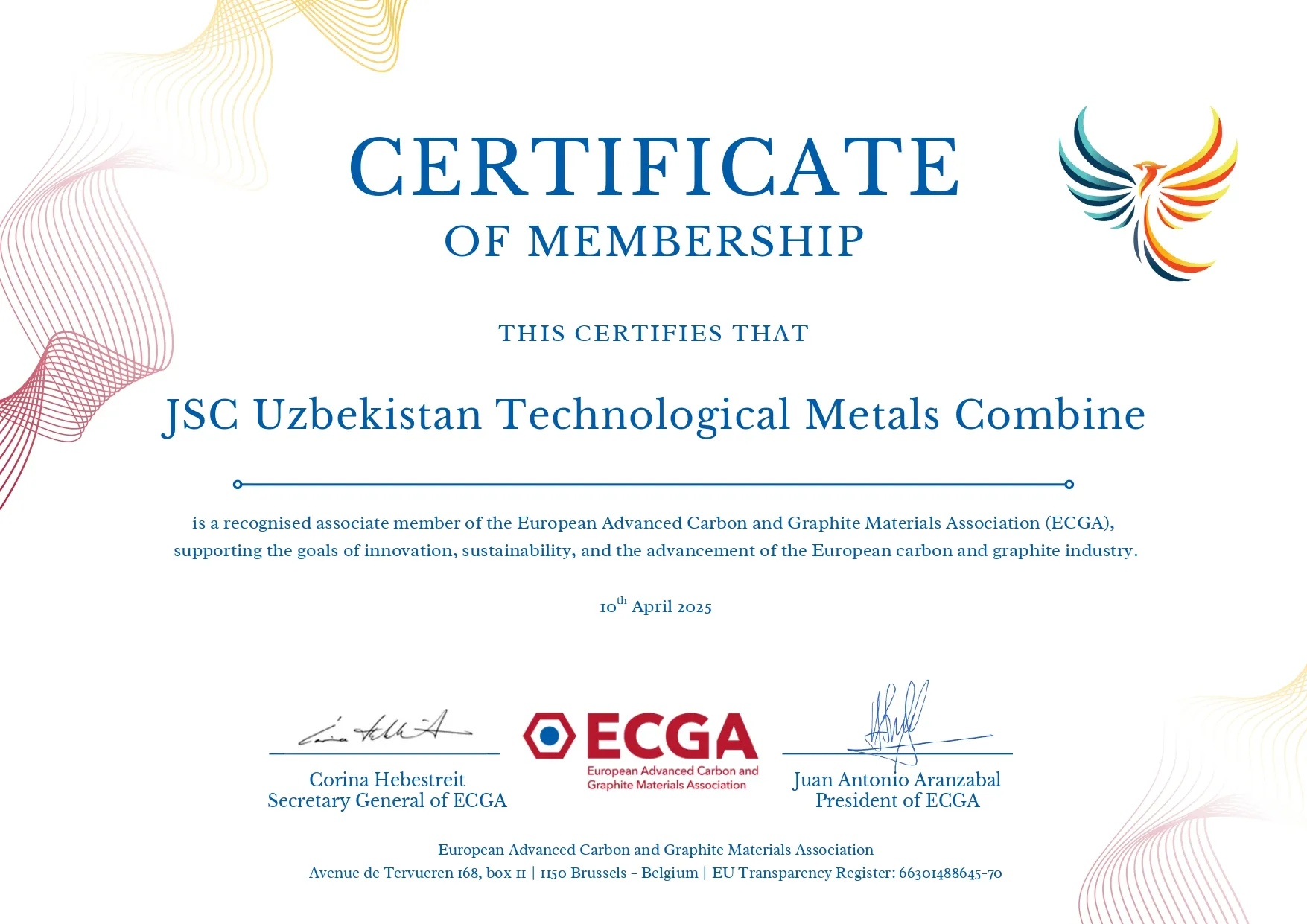 Yevropa grafit va uglerod materiallari uyushmasiga a’zolik sertifikati